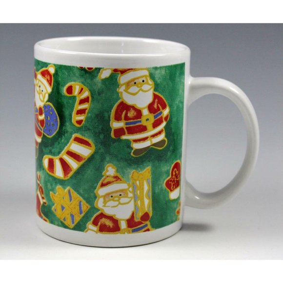 Merry Brite Holiday Coffee Mug Green with Santas & Candy Canes 10 oz Vintage 199 - Picture 1 of 6